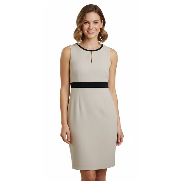 Calvin Klein Dresses & Skirts - Calvin Klein Sheath Dress Size 6 Tan Beige Colorblock Sleeveless Work Career EUC